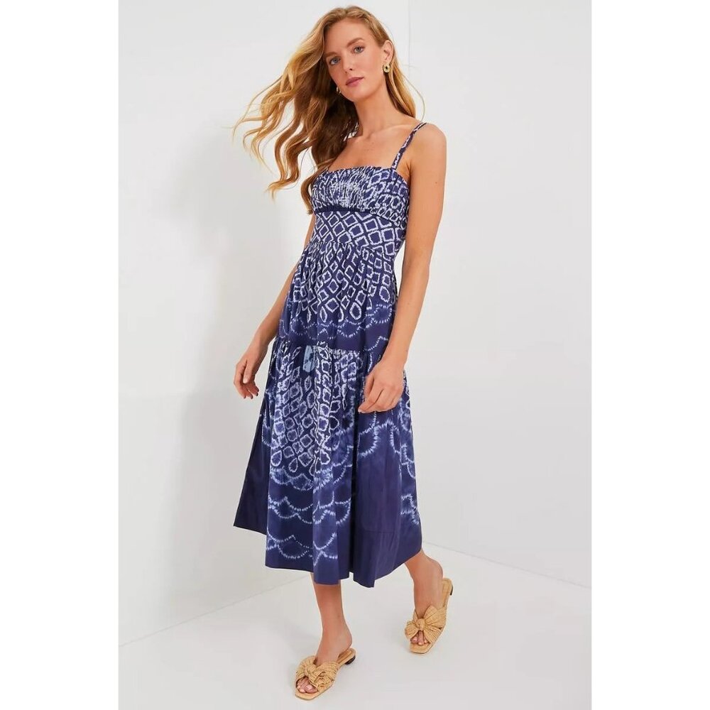 Sea New York Blue Spaghetti Strap Tiered Midi Dress